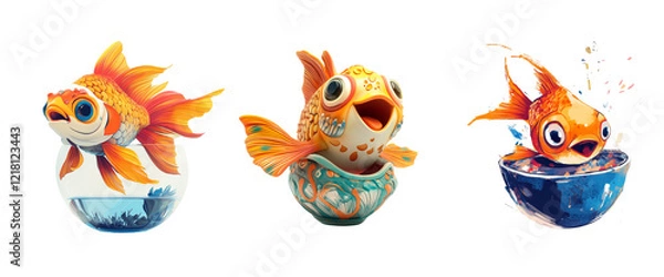 Fototapeta The image depicts three stylized cartoon goldfish in different containers, showcasing their playful and joyful expressions.