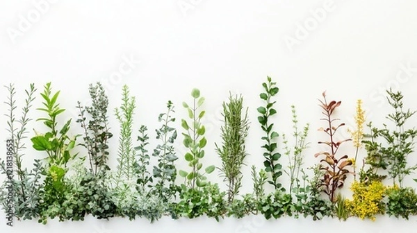 Fototapeta Diverse greenery arranged against white background, studio shot, botanical illustration, website header