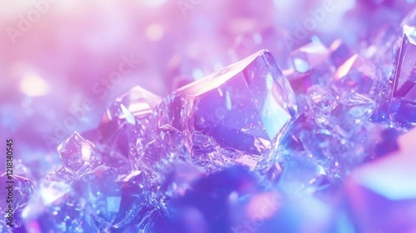 Fototapeta Sparkling crystals glowing, close-up, pink-blue background, bokeh, luxury texture
