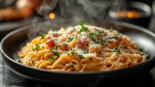 Fototapeta Delightful Plate of Steaming Spaghetti Carbonara Served With Creamy Sauce on a Rustic Table Creating an Appetizing Italian Meal Experience