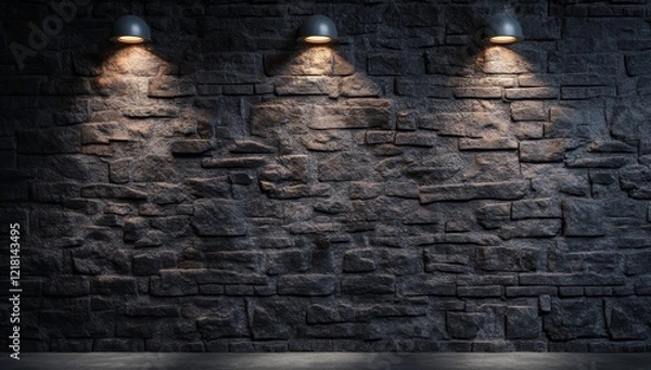 Fototapeta Dark stone wall with three illuminated wall lamps.