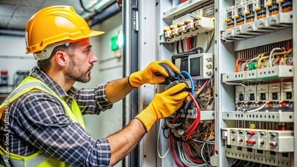 Fototapeta Worker testing an electrical panel with wires and circuit breakers. Highlights safety and precision in electrical maintenance tasks.