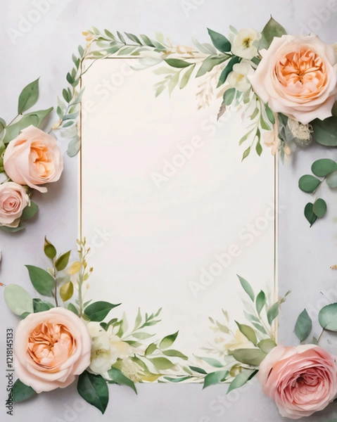Fototapeta Blank wedding invitation surrounded by watercolor flowers.