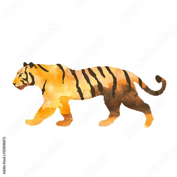 Fototapeta Watercolor, a simple illustration of a tiger walking, on a white background. 