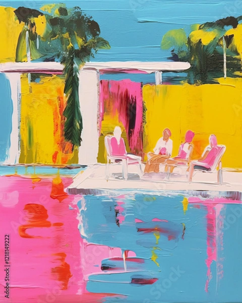 Fototapeta contemporary painting of a 1960s Palm Springs house party with umbrellas, chairs, pool, and palm trees using muted pastel colors