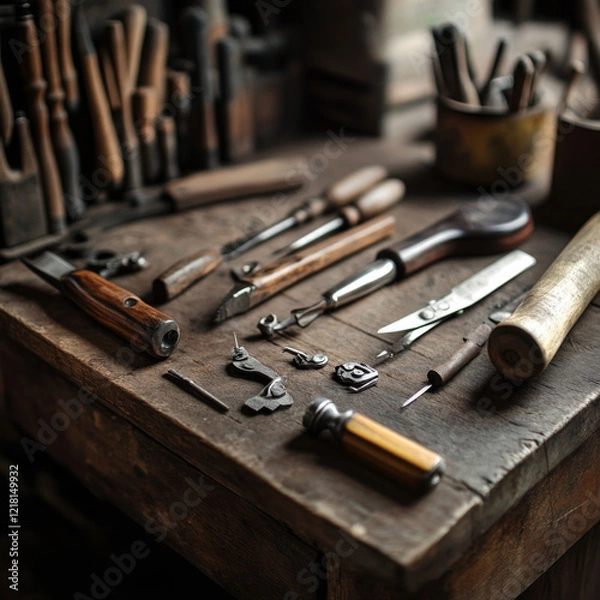 Fototapeta Craftsman's tools spread on a wooden workbench ready for detailed work and creation