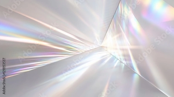Fototapeta Iridescent light streaks converge in a futuristic, white space; background glow, website banner