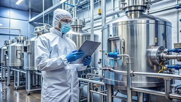 Fototapeta Person in a cleanroom suit working with a stainless steel tank in a laboratory setting. Emphasizes safety and precision in pharmaceutical or biotech processes.