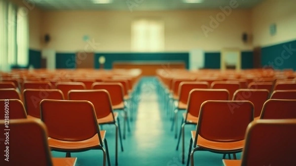 Fototapeta Rows of empty orange chairs in a hall. Perfect for concepts of education, lectures, or meetings.