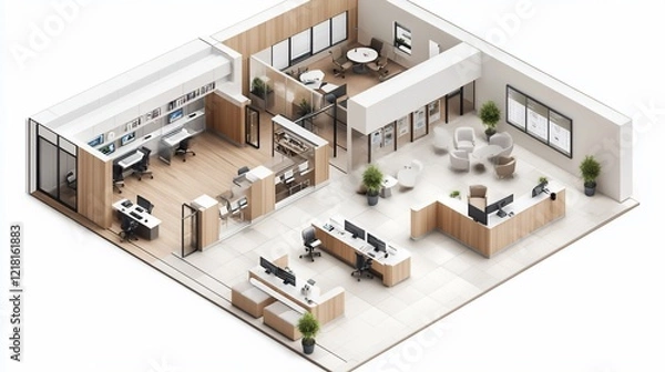 Fototapeta Modern office layout, isometric view, workspace design,  plants, meeting area, architectural rendering, for website