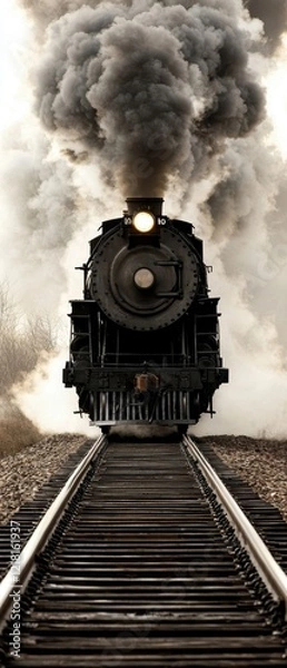 Fototapeta Historic steam train chugging along the tracks rural landscape photography dramatic atmosphere front view vintage transportation