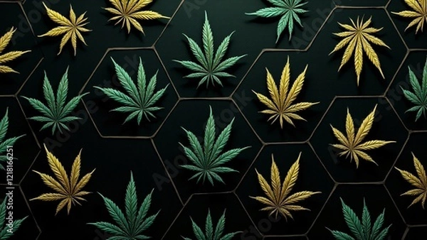 Fototapeta Elegant geometric pattern featuring cannabis leaves in vibrant greens, gold, and turquoise. Perfect for modern designs, textiles, or digital art lovers seeking bold yet refined visuals.