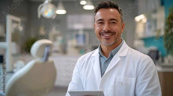 Obraz Confident dentist smiling, holding tablet, modern dental office