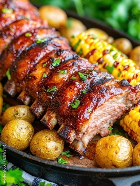 Fototapeta Grilled bbq ribs with corn and potatoes backyard bbq food photography relaxed setting close-up culinary delight