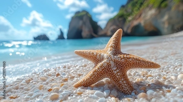Fototapeta A Starfish resting on a sandy beach with ocean view in the background under bright sunlight