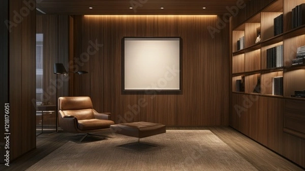Fototapeta A modern living room with an ISO A paper size frame mockup on a wooden-paneled wall, paired with soft lighting and a leather armchair