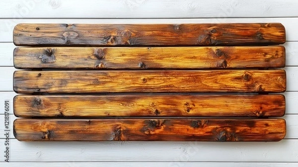 Fototapeta Rustic wooden plank sign, white background, overhead shot, craft texture