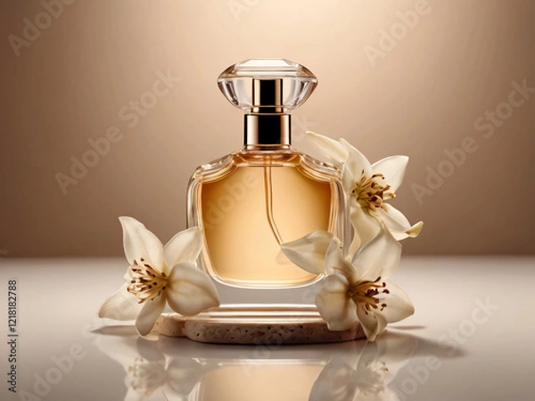 Fototapeta This perfume bottle is highlighted by the soft presence of white flowers.