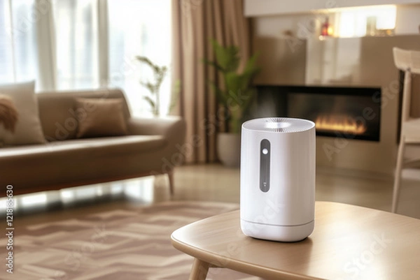 Fototapeta Air purifier in living room for filter and cleaning removing dust PM2.5. Protect PM 2. 5 dust and air pollution concept. Generative Ai.