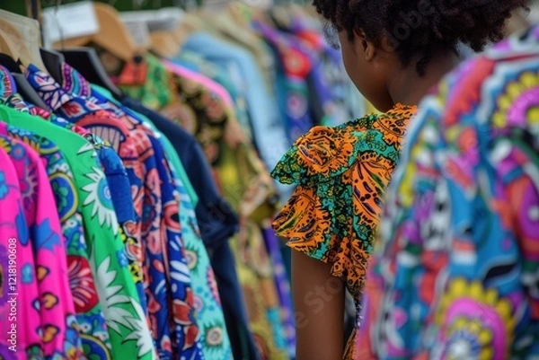 Fototapeta A person examines colorful patterned shirts at a vibrant clothing display, showcasing a variety of styles and designs.