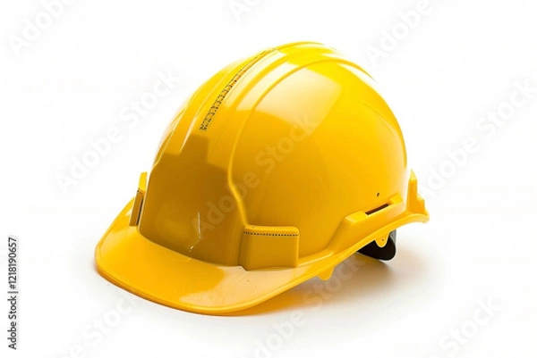 Fototapeta Close-up of a Yellow Protective Construction Helmet on a White Background