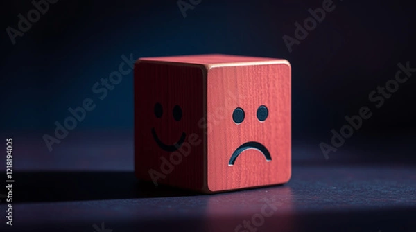 Fototapeta two sides of wooden cube with smiling and sad facial expressions, concept of split personality, mental health