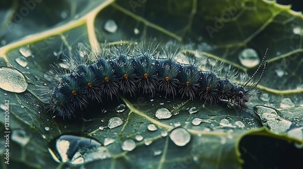 Fototapeta Dark fuzzy caterpillar on dew-covered leaf.
