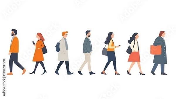 Obraz Diverse group of people walking in a line, wearing various attire