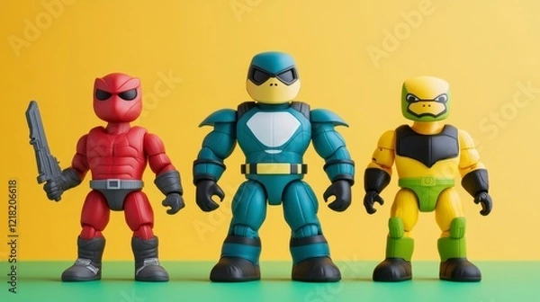 Fototapeta Colorful Action Figures in Dynamic Poses on Vibrant Background