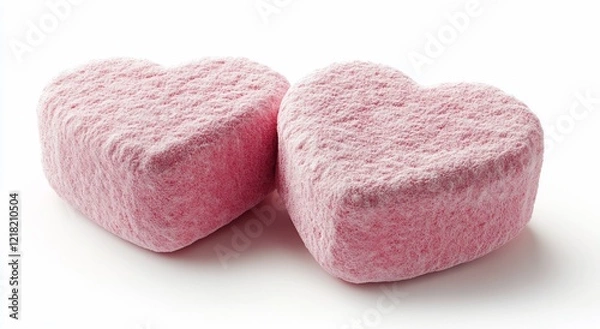 Fototapeta Two Pink Heart-Shaped Marshmallows on White Background