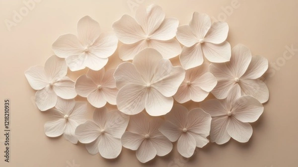 Fototapeta Delicate Pale Flowers Arranged On Beige Background