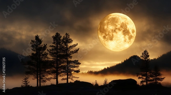 Fototapeta foggy night with full moon illuminating silhouetted trees and mountains
