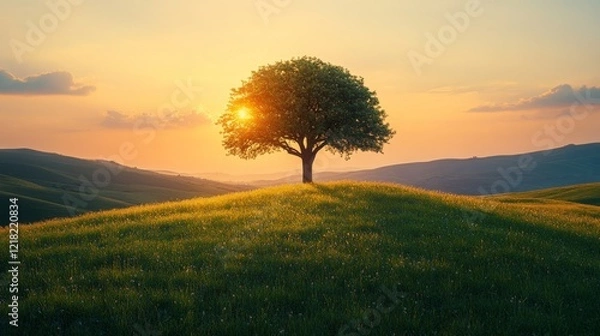 Obraz Majestic Lone Tree on Green Hill under Blue Sky with Sunshine: Tranquil Nature Scene with Beautiful Landscape and Minimalist Design