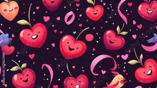 Fototapeta 18.A fun and lively seamless design with heart-shaped cherries, grinning hearts, and cartoon birds, surrounded by swirling ribbons and confetti, perfect for fabric or gift wraps.