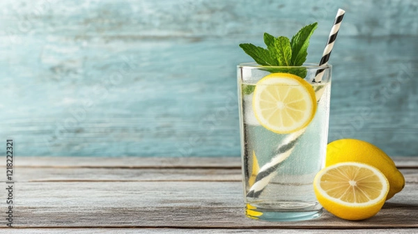 Fototapeta Refreshing lemonade served in tall glass with mint and lemon slices