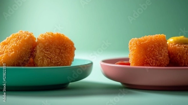 Fototapeta Crispy Fried Nuggets with Dips on Plates