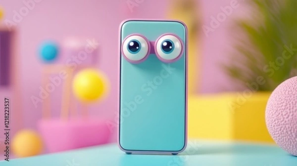 Fototapeta Colorful Smartphone Character with Big Eyes in Modern Playful Setting