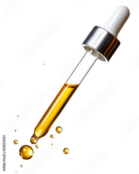 Fototapeta Glass dropper with golden oil, white isolate background.