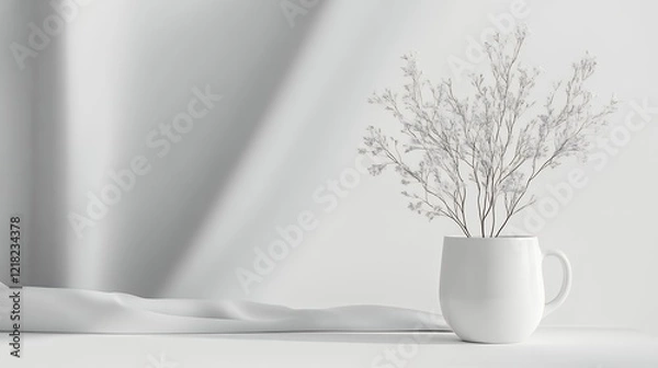 Fototapeta Minimalist White Mug with Dried Flowers and Soft Light