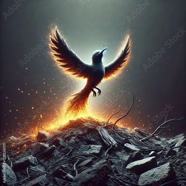 Fototapeta Rising from Ashes A bird shaped form rising from a pile of ashes