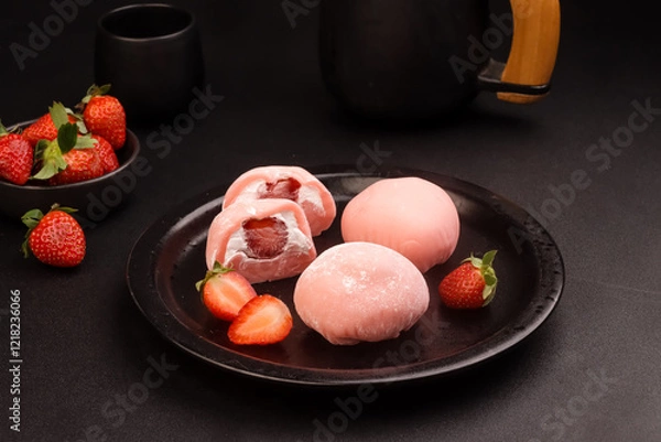 Obraz Strawberry Japanese Mochi or  Ichigo Daifuku, Glutinous Rice Dessert with Fresh Strawberry.