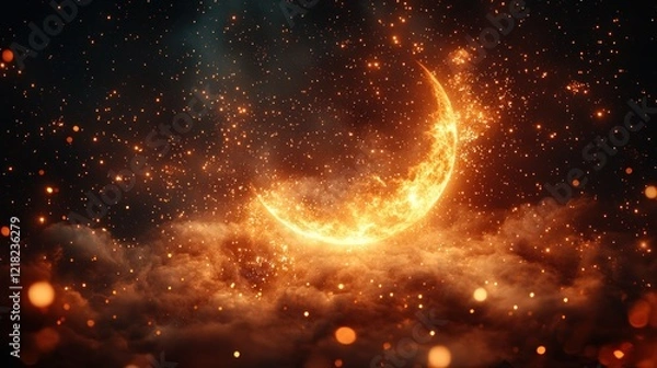 Fototapeta Ethereal Crescent Moon Amidst a Starry Night Sky with Glowing Clouds