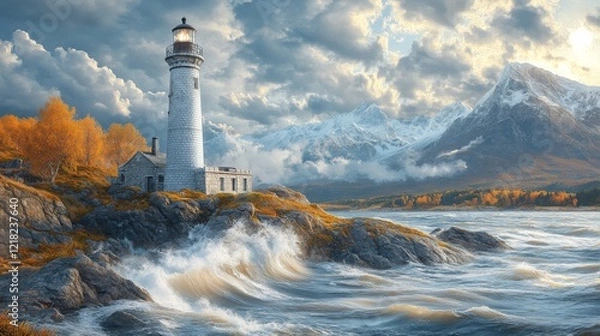 Fototapeta Coastal Sentinel: A Majestic Stone Lighthouse on a Wild Coastline Illuminating the Horizon with Hope and Guidance