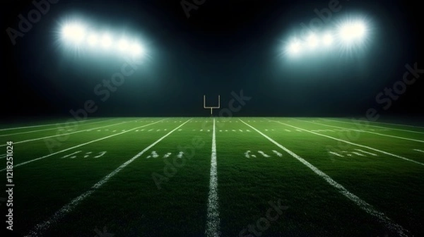 Fototapeta Football field illuminated by stadium lights with copy space on dark background