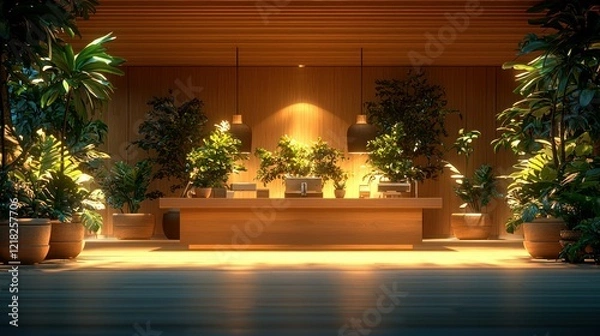 Fototapeta Indoor reception with warm lighting and lush potted greenery creates a calming ambience