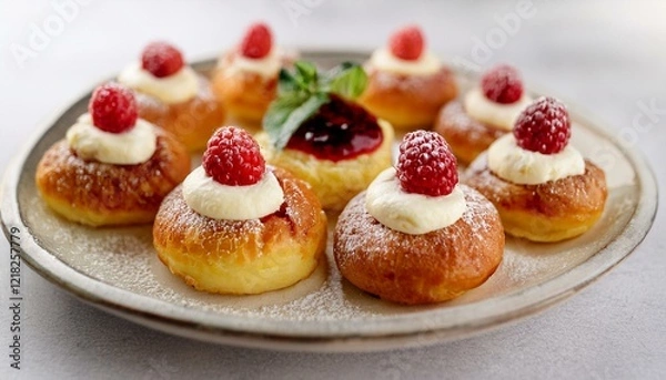 Fototapeta Sweet raspberry and cream topped mini pancakes.