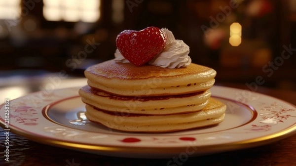 Fototapeta Delicious stack of pancakes topped with heart-shaped strawberry and whipped cream on a decorative plate