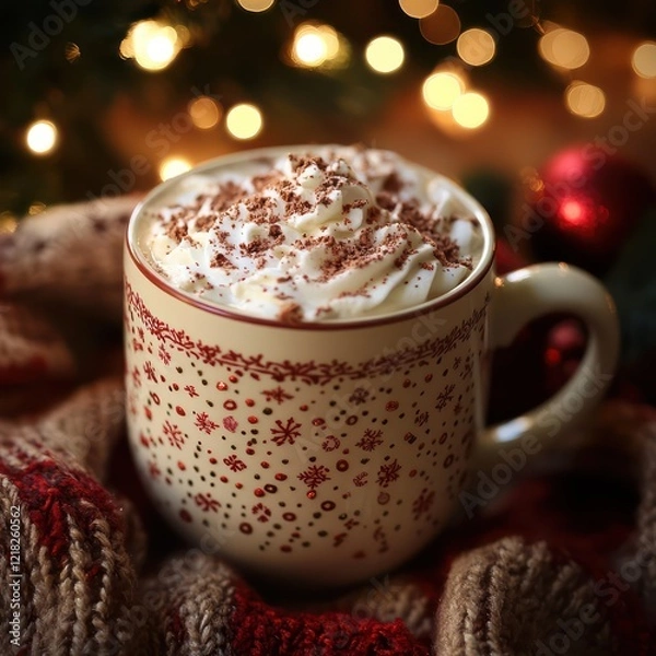 Fototapeta Peppermint mocha with a sprinkle of cocoa powder, served in a holiday-themed mug with a backdrop of festive decor and warm holiday lights, creating a cozy and inviting atmosphere