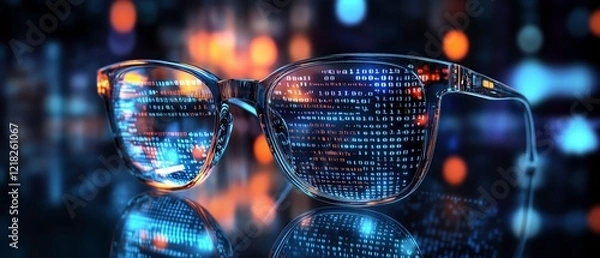 Fototapeta Digital Code Glasses: A pair of transparent glasses displays lines of digital code, creating a captivating futuristic image. The blurred background hints at a vibrant technological world.