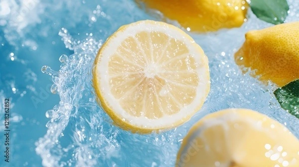 Fototapeta vibrant yellow lemon slices and green leaves splashing through crystal-clear water with dynamic motion, Generative AI 